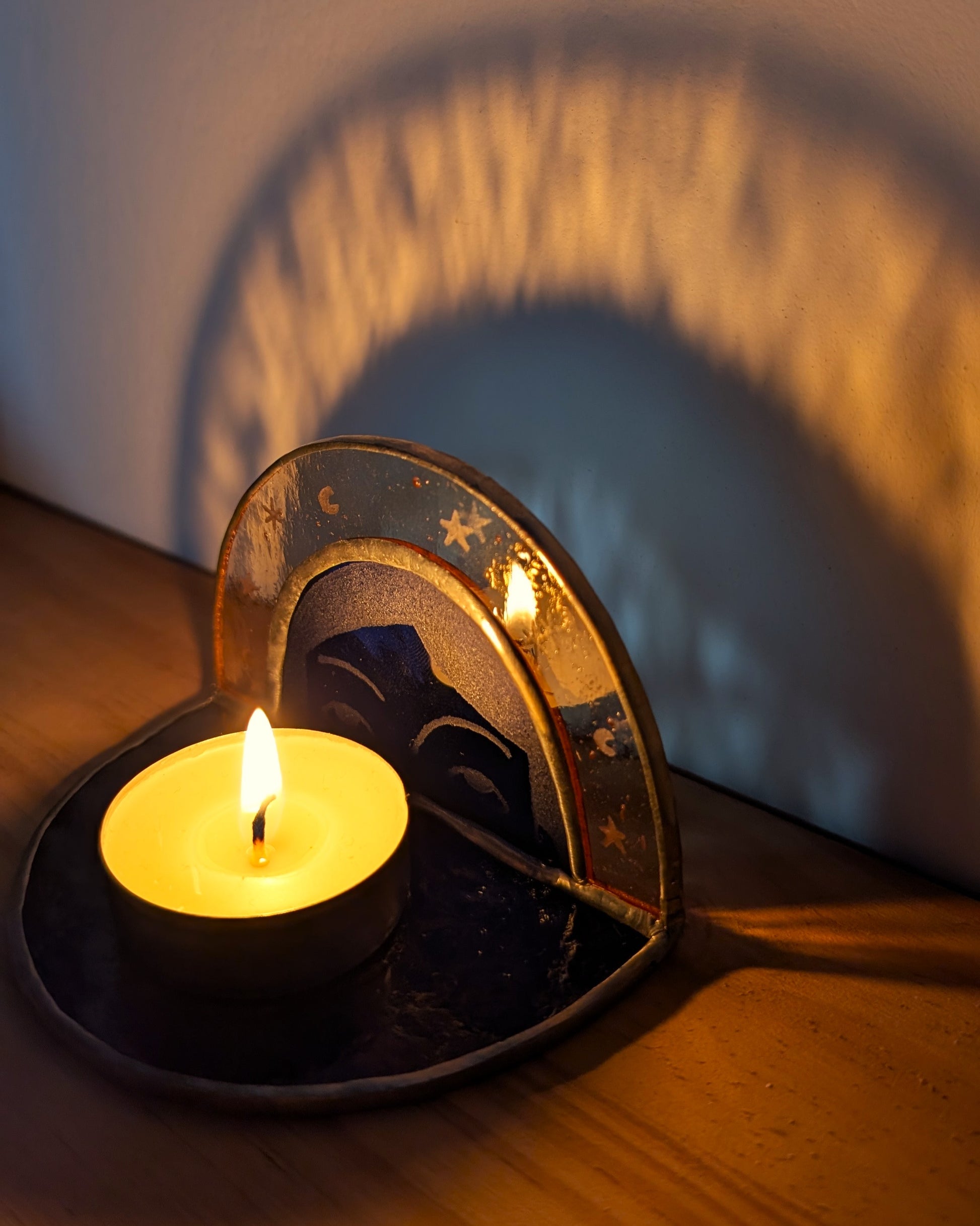 Photophore bougie verre vitrail artisanal reflet
